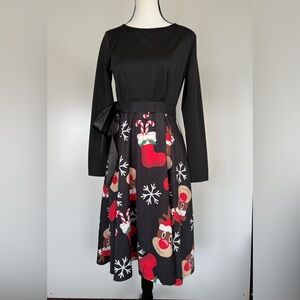 Festive Black Dress with Reindeer/Christmas Print